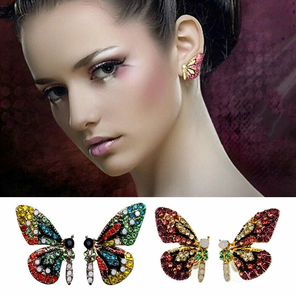 Colorful Sparkling BUTTERFLY Earrings NEW Red Pink Rhinestones Pierced Stud - Picture 5 of 9